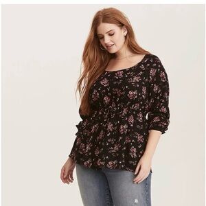 Torrid Plus Size Black & Purple Floral Print Gauze Drawstring Waist Top